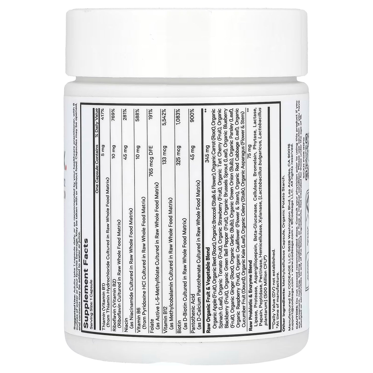 Codeage Raw Vitamin B-Complex Whole Food Matrix + Probiotic & Enzyme Blend | B1 B2 B3 B5 B6 B9 B12 + Biotin 5-MTHF (Methylfolate) | NON GMO | Soy & Gluten Free
