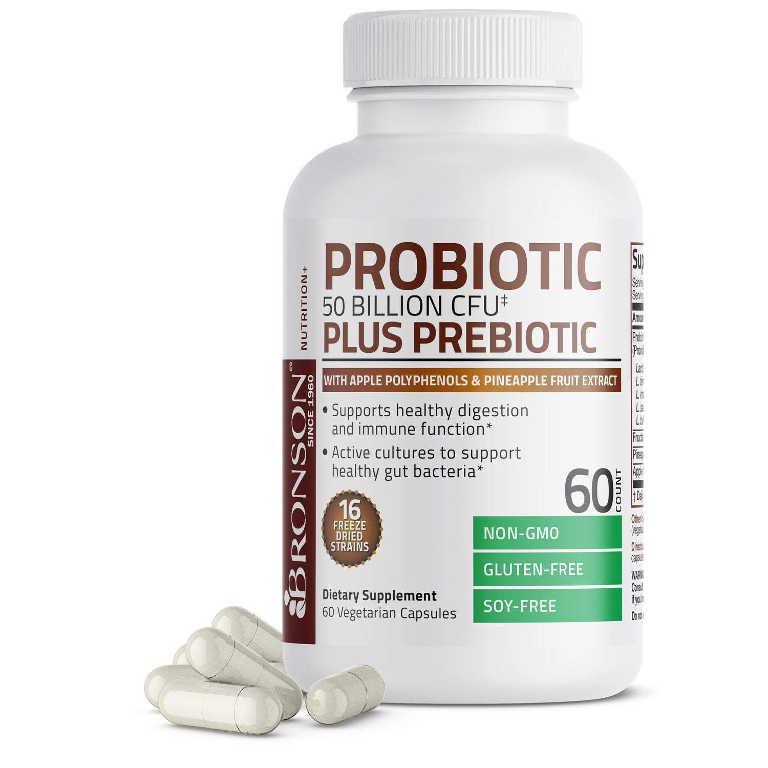Bronson 50 Billion CFU 250mg Probiotic + Prebiotic | Apple Polyphenols | Pineapple Fruit Extract | 100mg Fructooligosaccharides