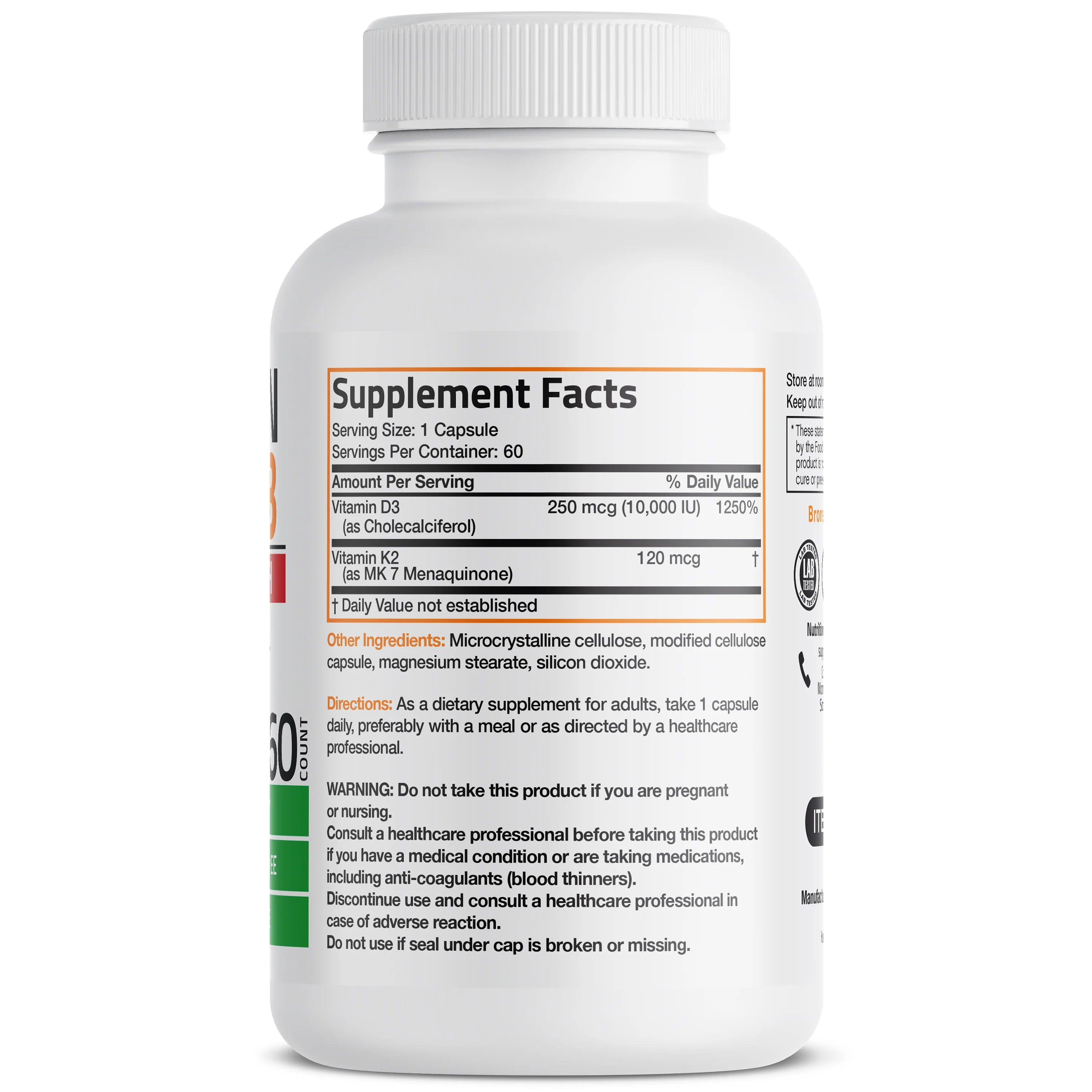 Bronson 10000IU Vitamin D3 + 120mcg Vitamin K2 MK7 NON-GMO