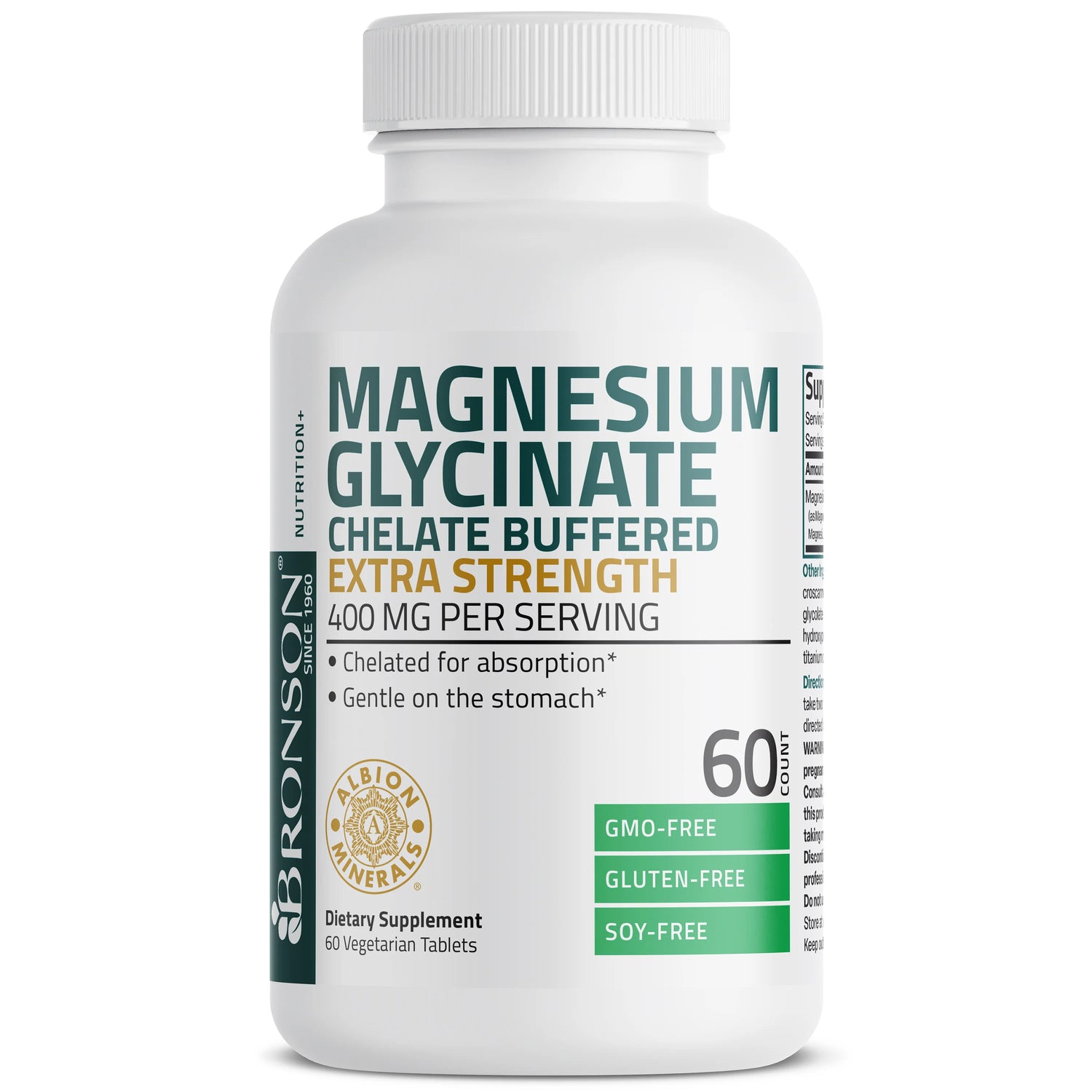 Bronson Magnesium Glycinate 400mg Extra Strength | Bisglycinate Chelate Buffered | Albion Minerals | Vegetarian Tablets