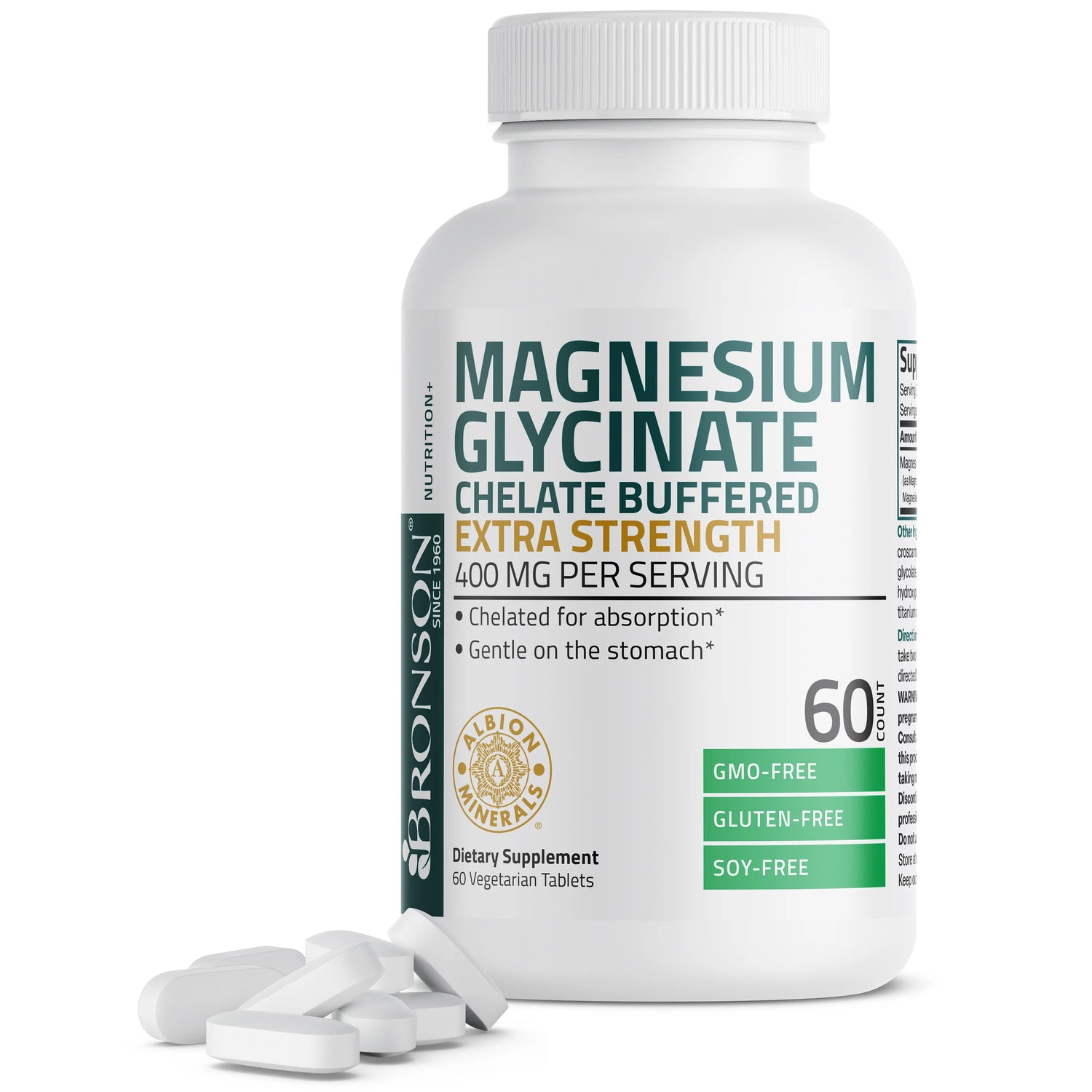 Bronson Magnesium Glycinate 400mg Extra Strength | Bisglycinate Chelate Buffered | Albion Minerals | Vegetarian Tablets