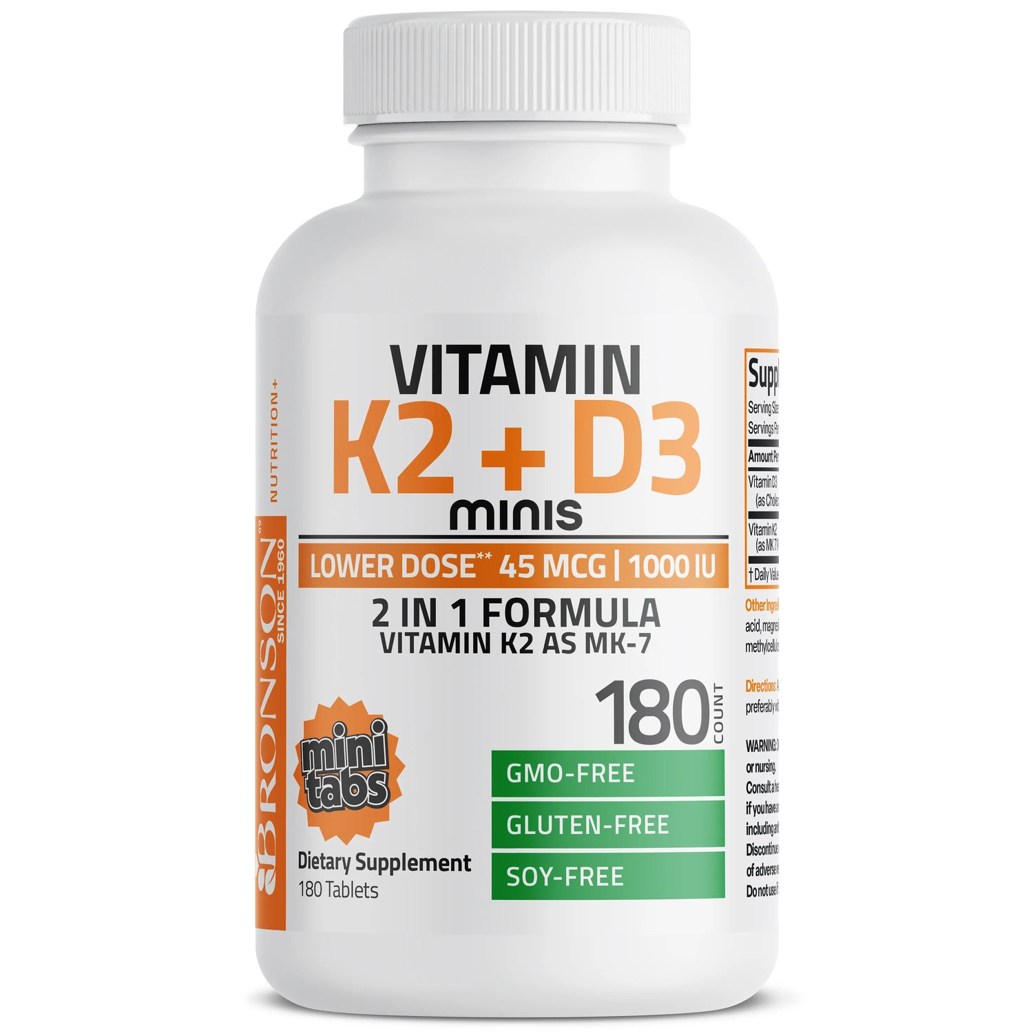 Bronson Vitamin 1000IU D3 + 45mcg K2 MK7 | Mini Tablets | Non GMO | Gluten & Soy Free