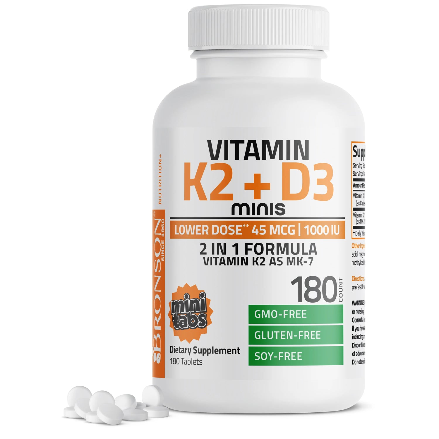 Bronson Vitamin 1000IU D3 + 45mcg K2 MK7 | Mini Tablets | Non GMO | Gluten & Soy Free