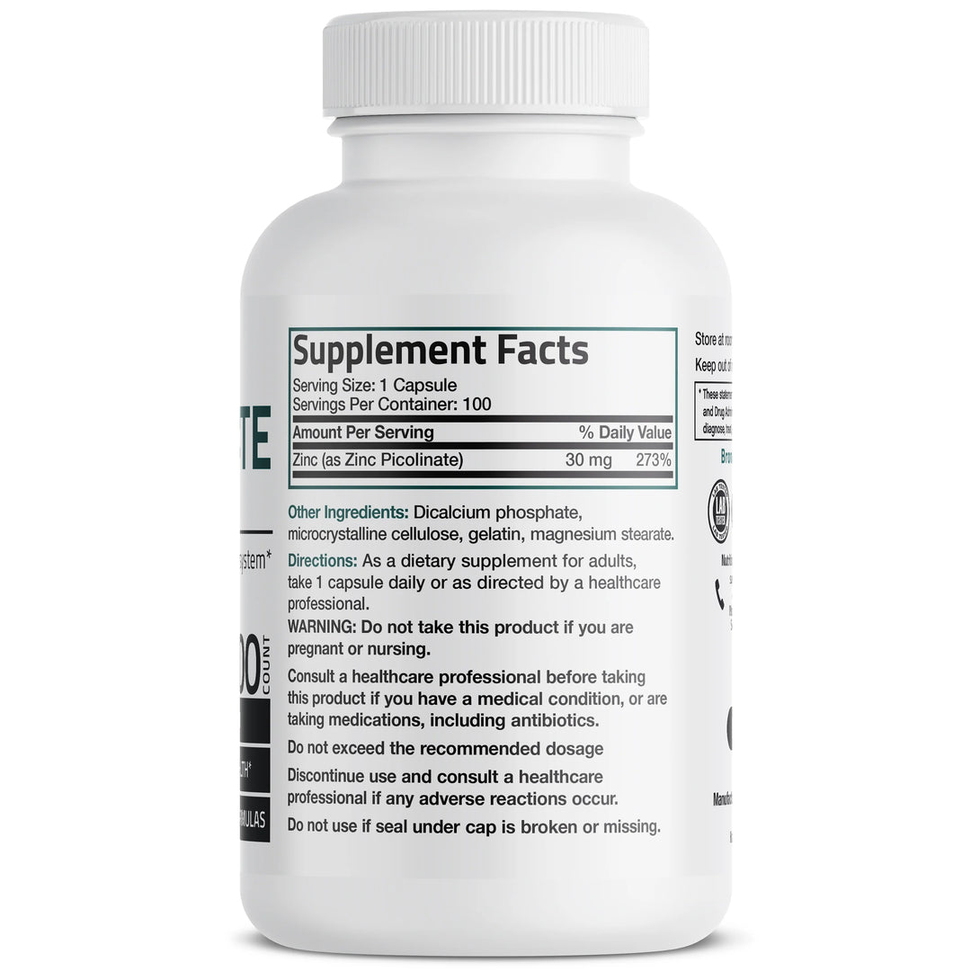 Bronson Zinc Picolinate 30mg + Calcium as Dicalcium Phosphate 29mg