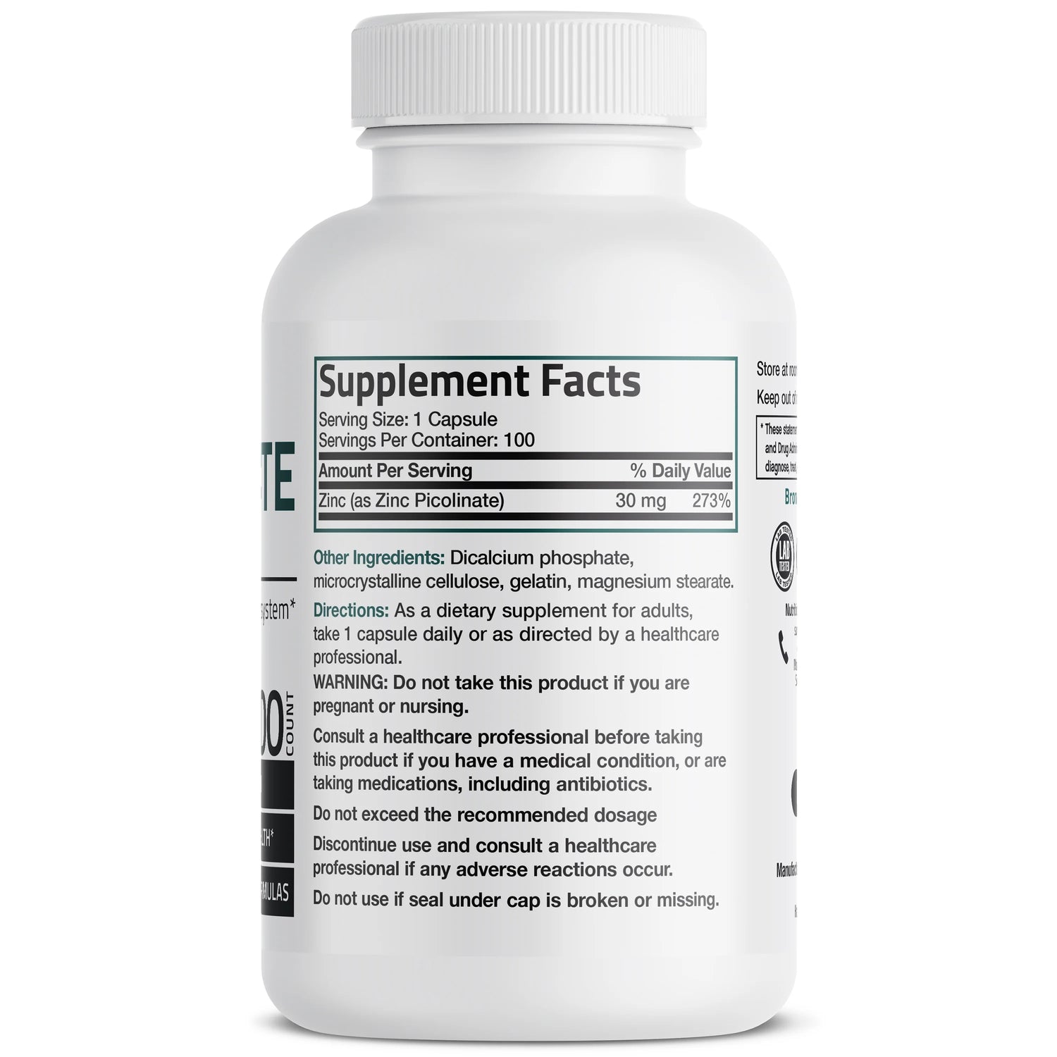 Bronson Zinc Picolinate 30mg + Calcium as Dicalcium Phosphate 29mg
