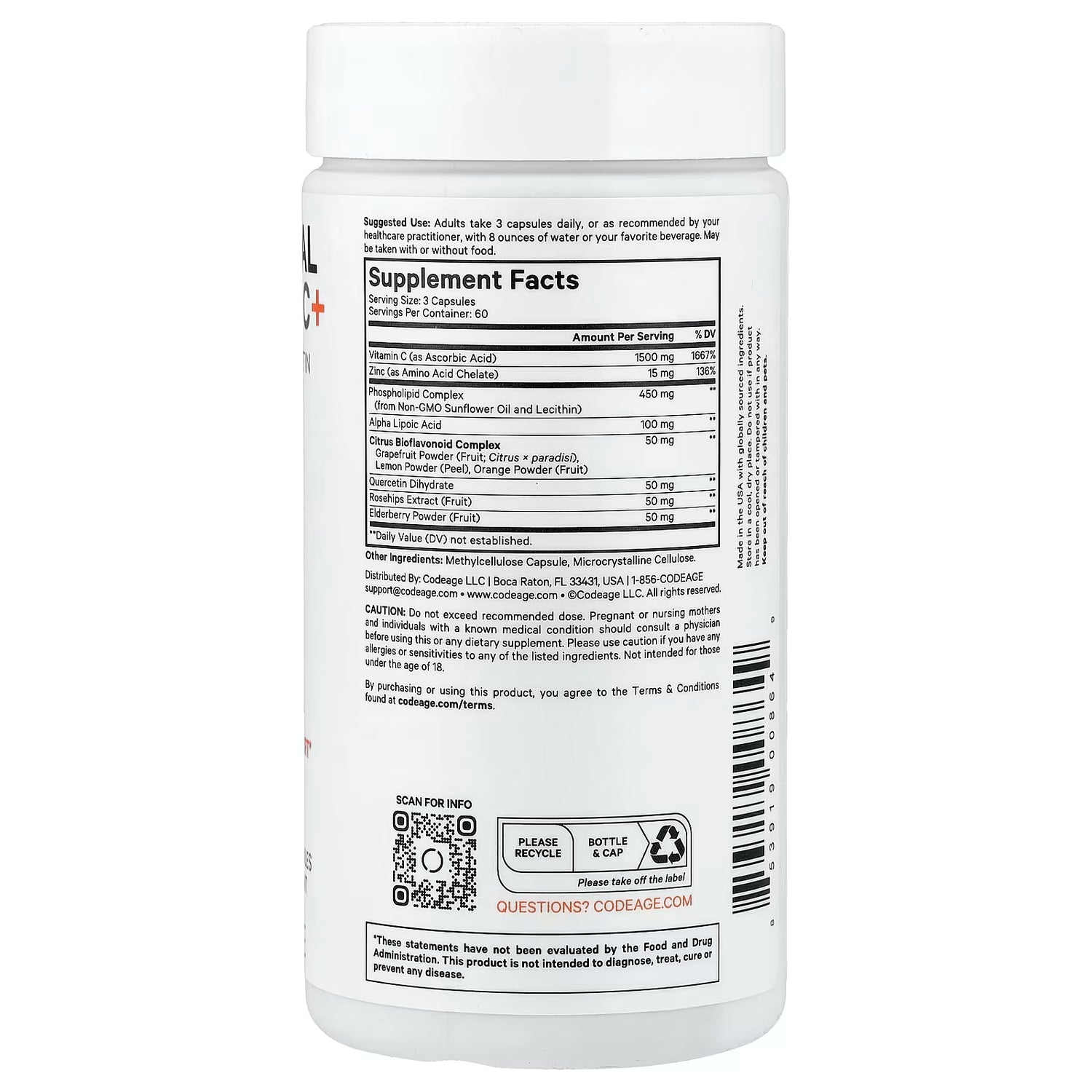 CodeAge Liposomal Vitamin C+ 1500mg Quercetin Rosehips 50mg Zinc