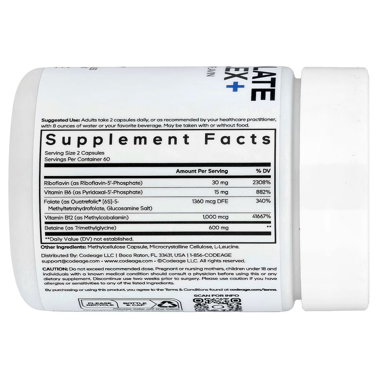 CODEAGE METHYLFOLATE B COMPLEX+ B2 B6 B9 B12 Betaine TMG | Quatrefolic 5-MTHF (Methylfolate) | Riboflavin | Methylcobalamin