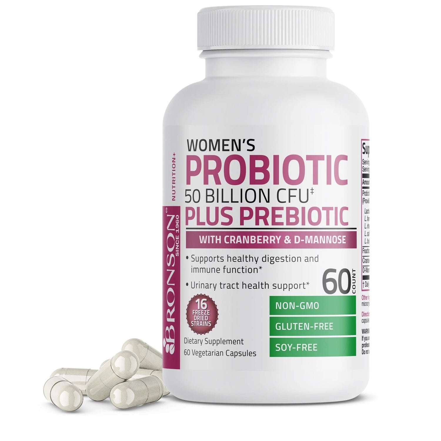 Bronson Women's Probiotic 50 Billion 16 Strains + Prebiotic + Cranberry 60mg + D-Mannose 60mg | Healthy Digestion | Urinary Tract Health Support